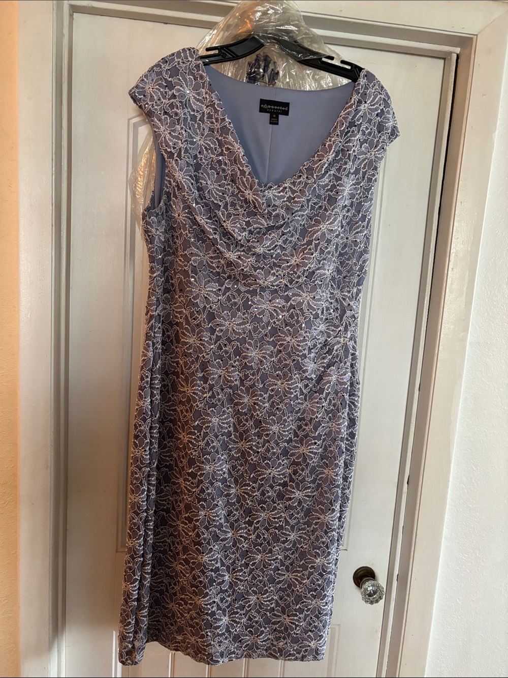 Adrianna Papell Lavender Lace Cowl Neck Dress
